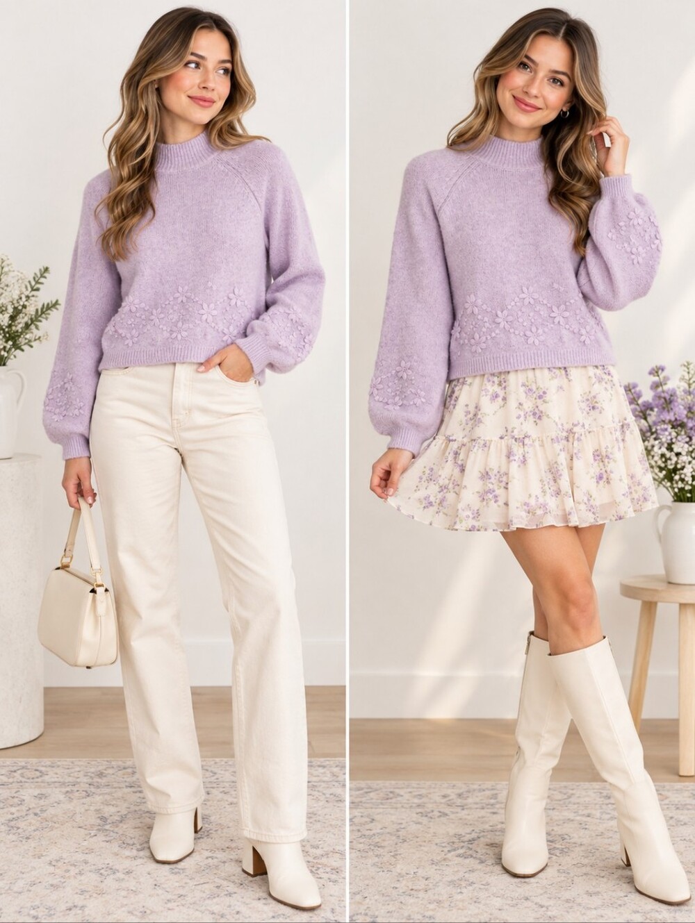EUC Joie Cute Floral Embroidered Mock Neck Sweater Lilac Lavender Women's S